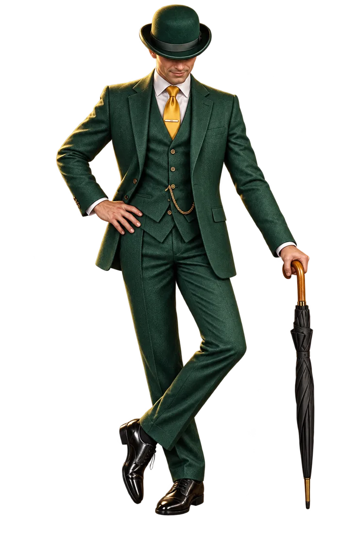 Mr. Green in an emerald three-piece suit and bowler hat, leaning on a closed umbrella